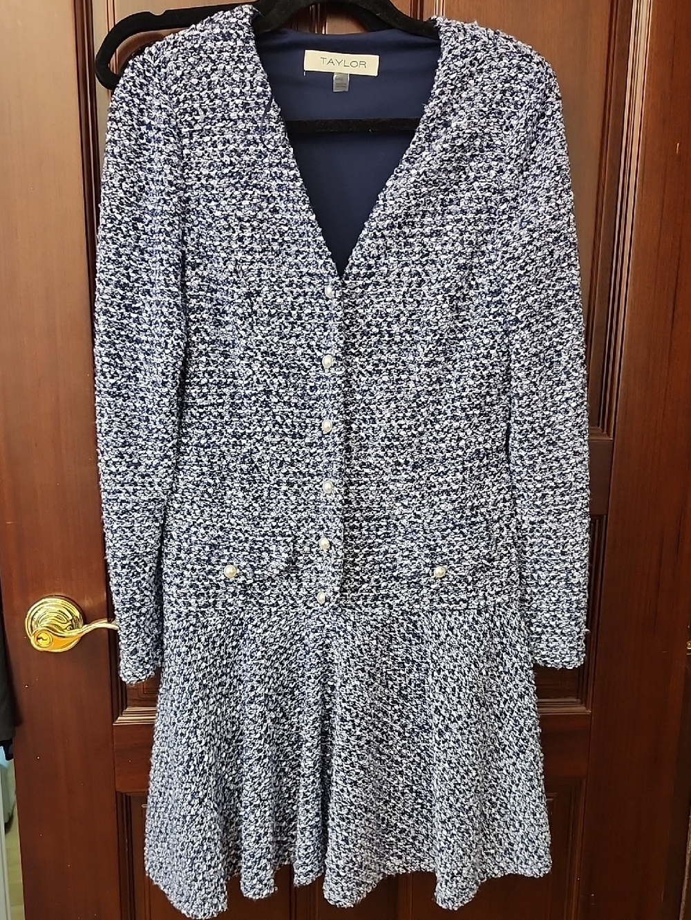 Taylor Navy & White Tweed Long-Sleeve Button Dress